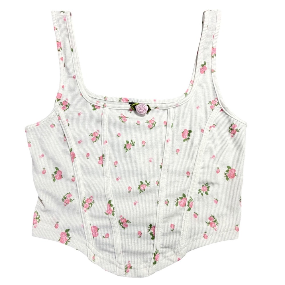 Floral Ribbed Corset‎ Tank Top White Pink Rosette Fairy Coquette Western Cowgirl